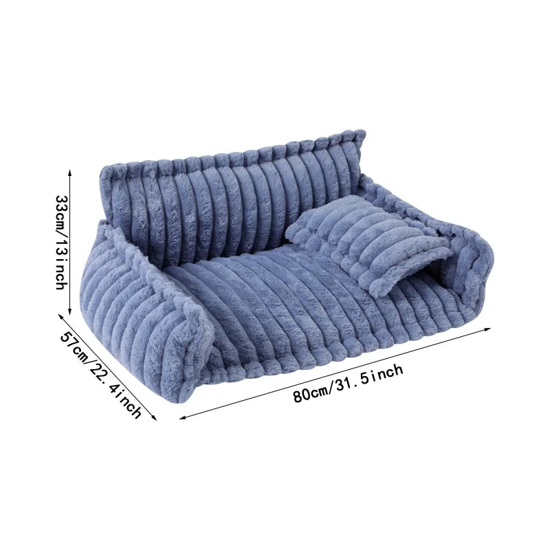 Soft Rabbit Plush Pet Sofa Bed Anti Slip Bottom Zipper Removable Cover Comfortable Pet Sleeping Couch With Pillow Fashion Striped Design Indoor Bedroom Living Room Pet Rest Furniture