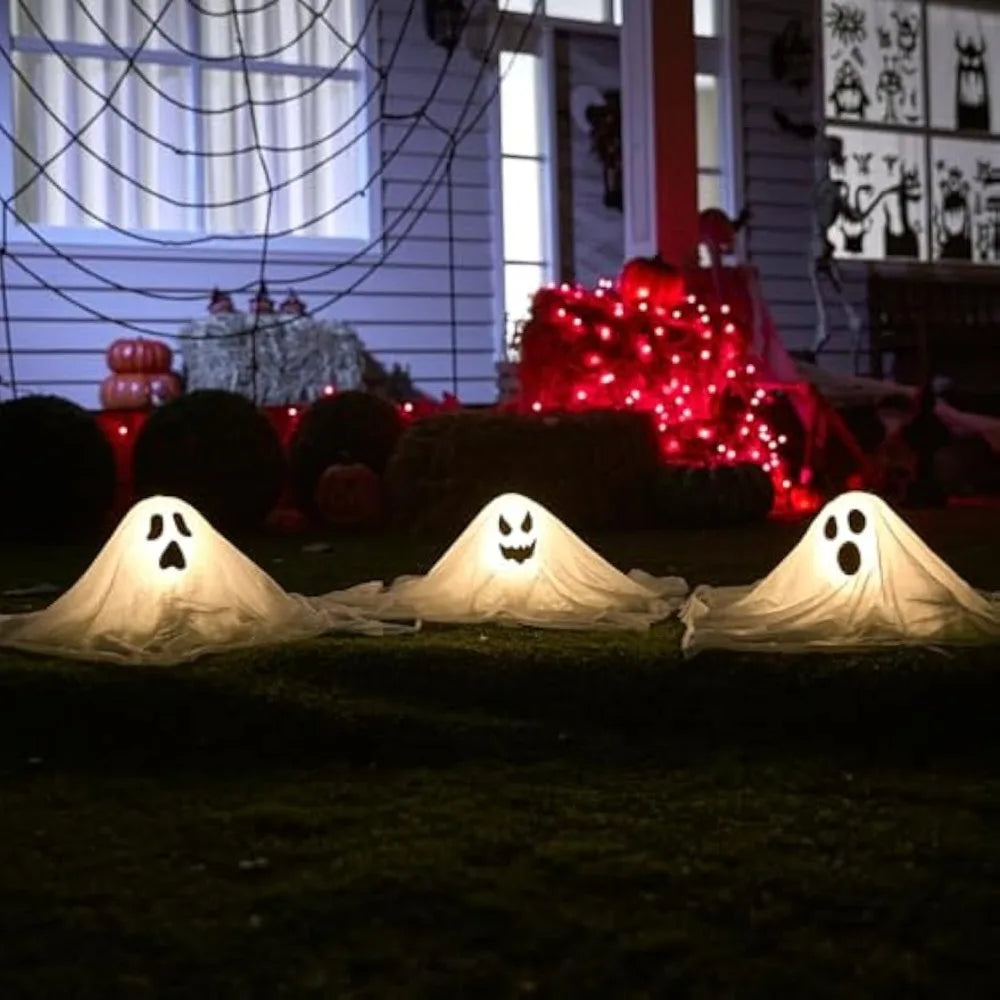 White Ghost Garden Stakes with Light UpHalloween Outdoor Decorations Design (3 Packs) Cloth Ghost for Halloween Lights, Graveyard Yard Lawn Decorations