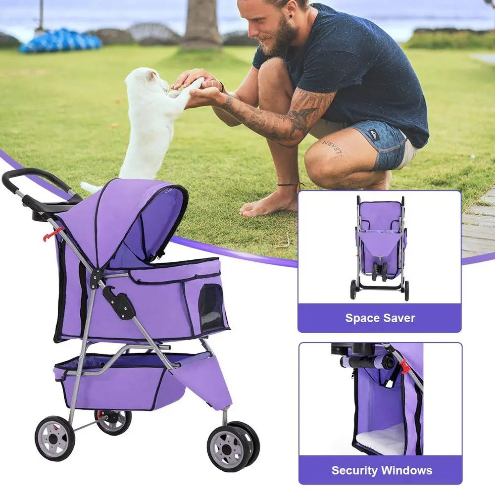 3 Wheels Pet Stroller Dog Cat Cage Jogger Stroller for Medium Small Dogs Cats Folding Travel Carrier with Cup Holder, Waterproo