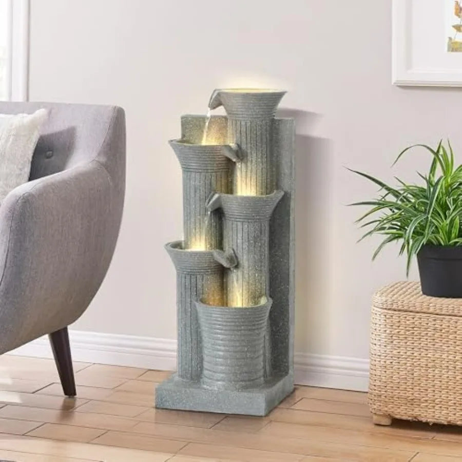 5-Tier Outdoor Indoor Water Feature Fountain 24 H Indoor Cascading Waterfall with 4 LED Lights Floor Standing Garden Fountain f