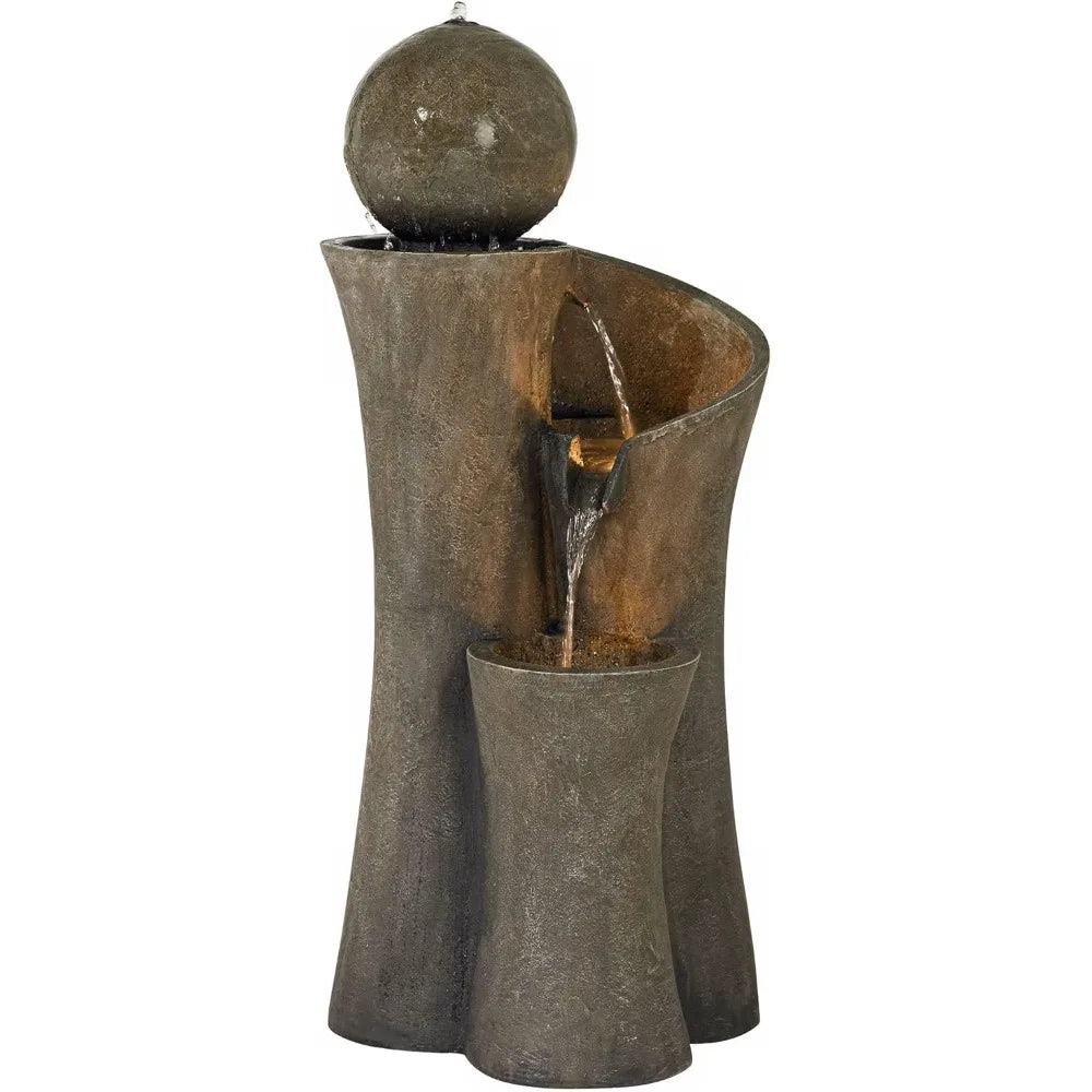 Large Modern Zen Indoor Outdoor Faux Stone Floor Fountain with LED Lighted Waterfall, 39.5" High