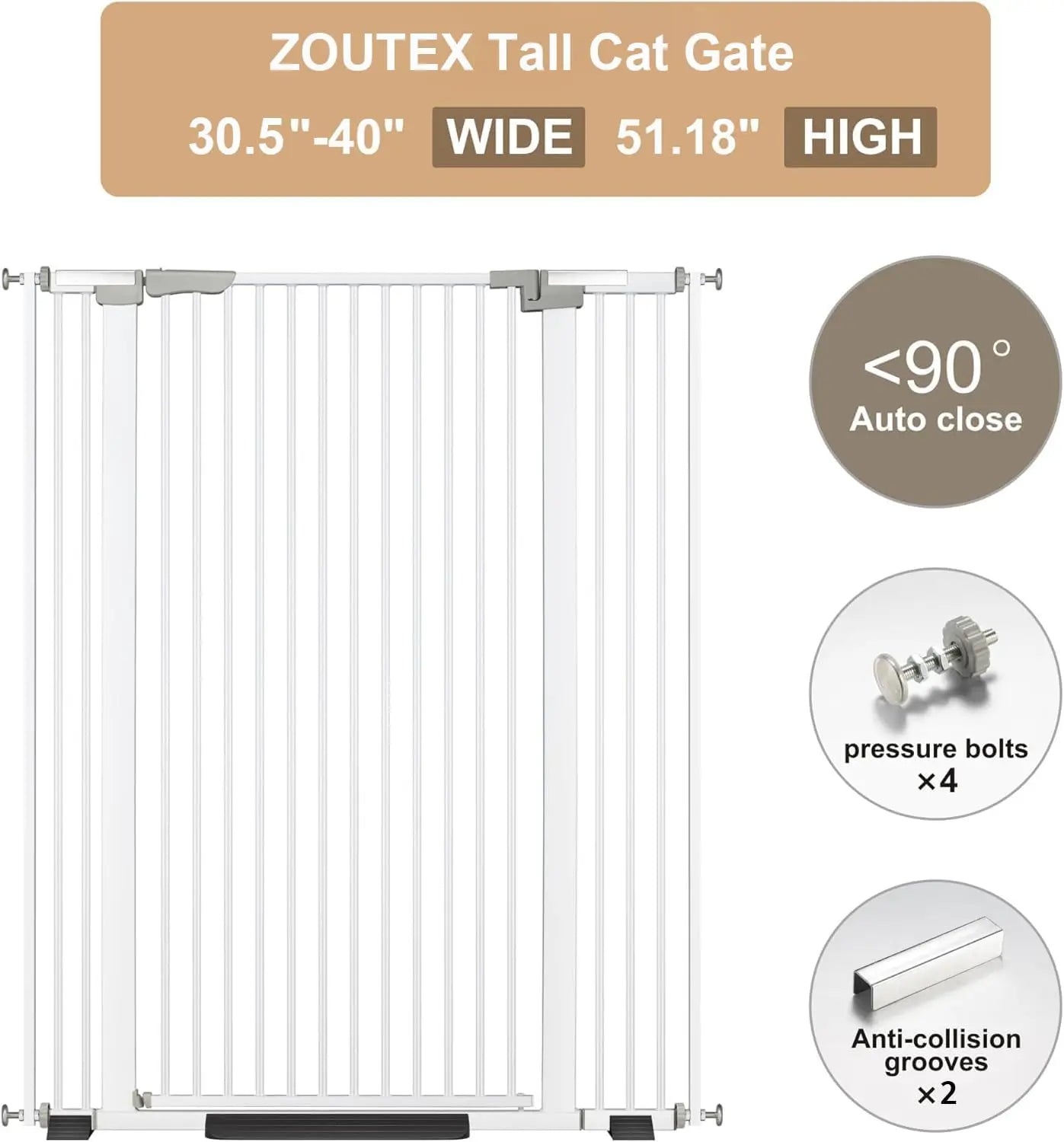 Pet Gate 30.5-40in Adjustable, Auto Close with Extension Kits New White