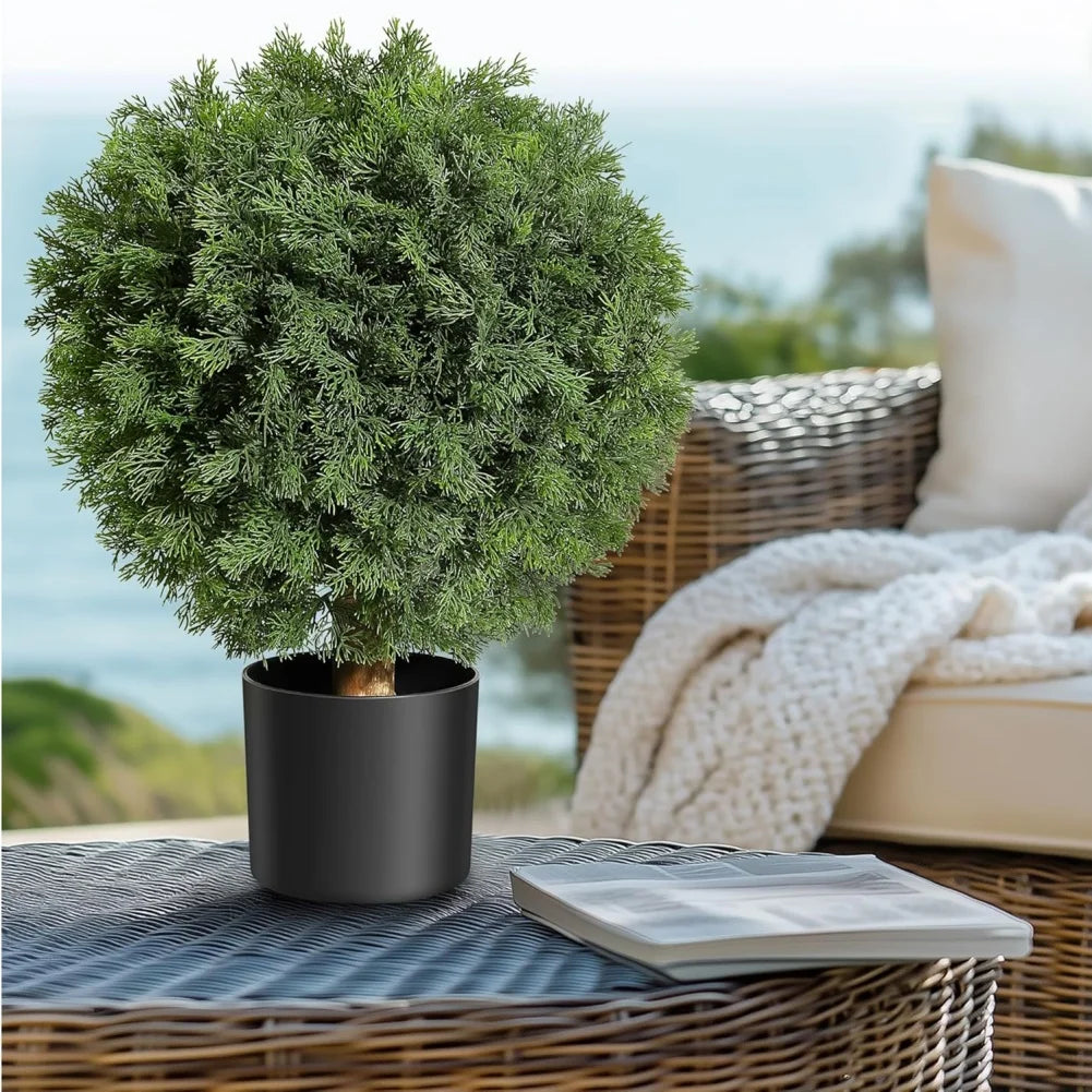 2 Pcs 24'' Artificial Cedar Topiary Ball Trees with Potted Fake Cedar Plants Artificial Shrubs Bushes Ball Tree for Front Door