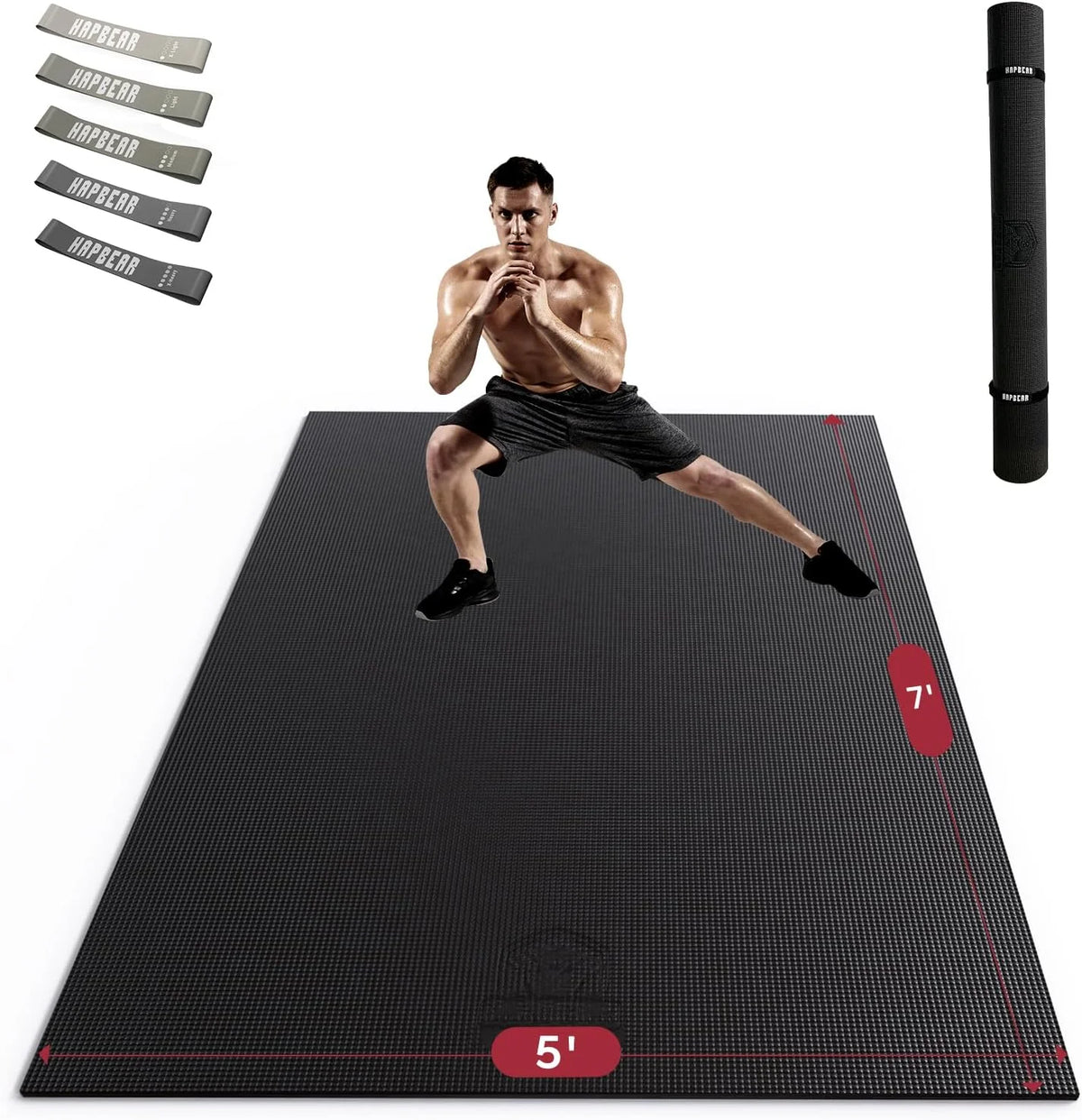 HAPBEAR 7'x5' Large Home Gym Mat 8mm Thick, High Density PVC Commercial Grade Fitness Flooring, Non Slip Shock Absorbing Durable Exercise Mat for CrossFit HIIT Cardio Strength Training, with Bands & Bag