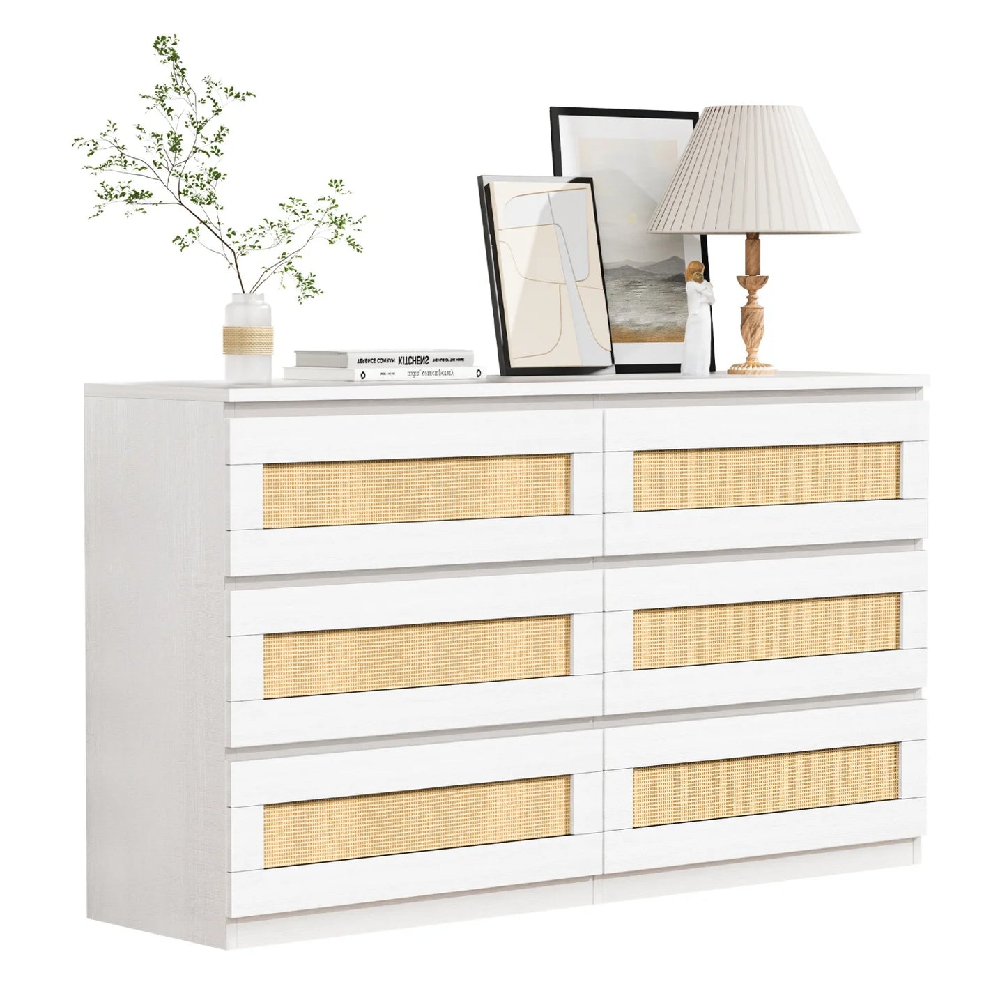 Modern Rattan 6-Drawer Dresser for Bedroom Wooden Chest of Drawers, Freestanding Storage Cabinet for Living Room and Entryway