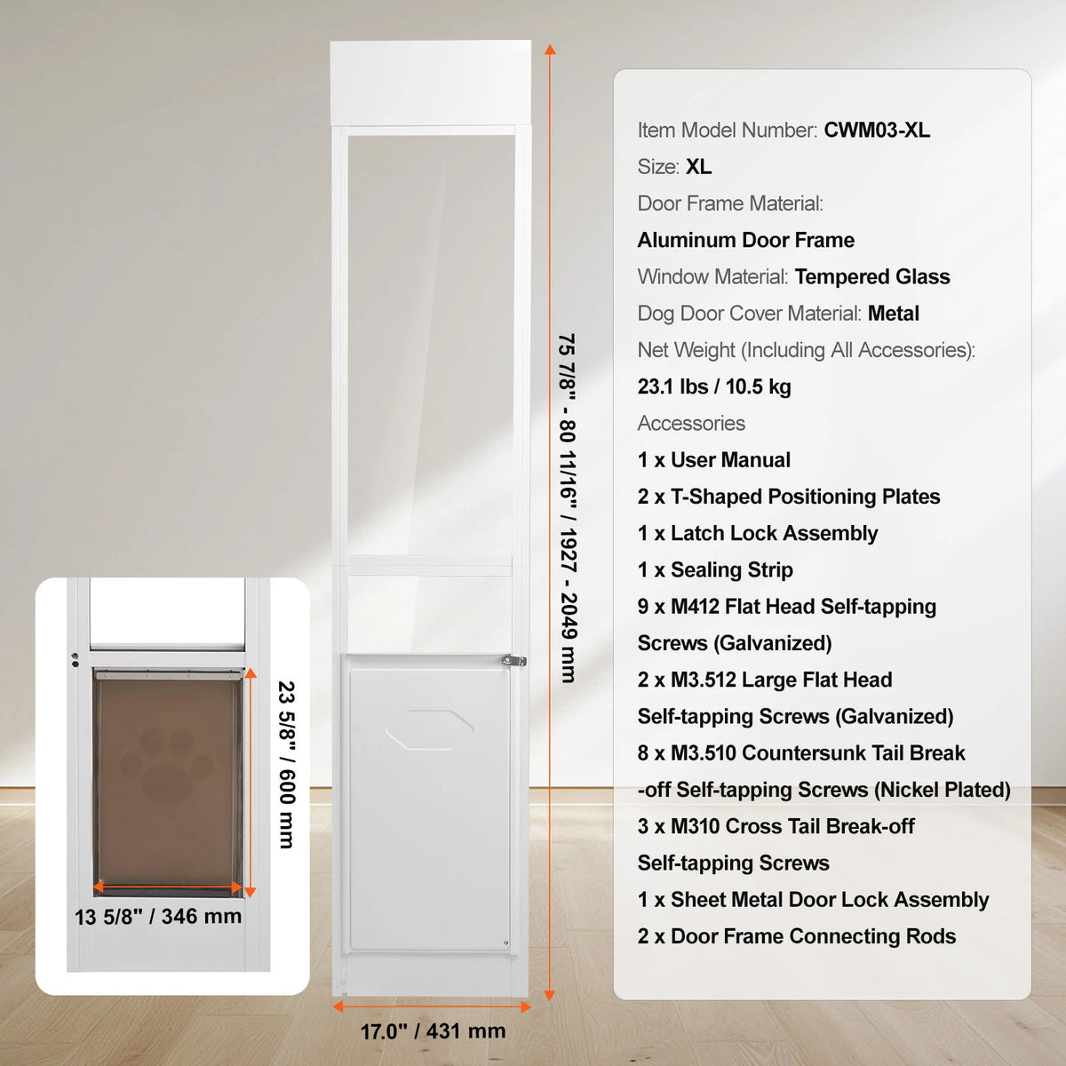 VEVOR Dog Door Sliding Glass Door Adjustable Height Doggy Door Sliding Doors Aluminum Frame Tempered Glass Pet Door