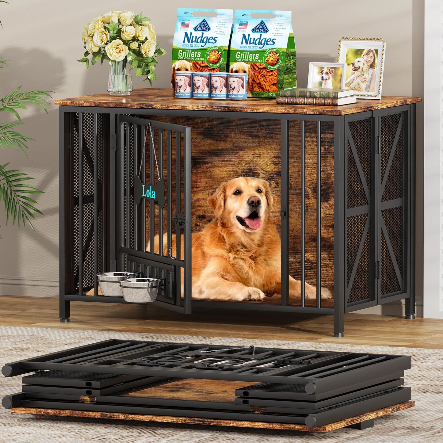 Foldable Large Dog Crate Furniture,31"/41.3"Assembly-Free Dog Crates for Large Dogs,Wooden Dog Kennel Indoor w/ Tag&Dog Bowls