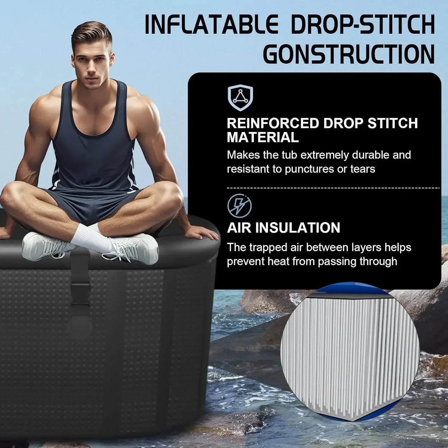 XXL Drop Stitch Ice Bath Tub for Recovery 216 Gal, Compatible with Water Chillers, Cold Plunge Tub with Insulated Lid, Multi