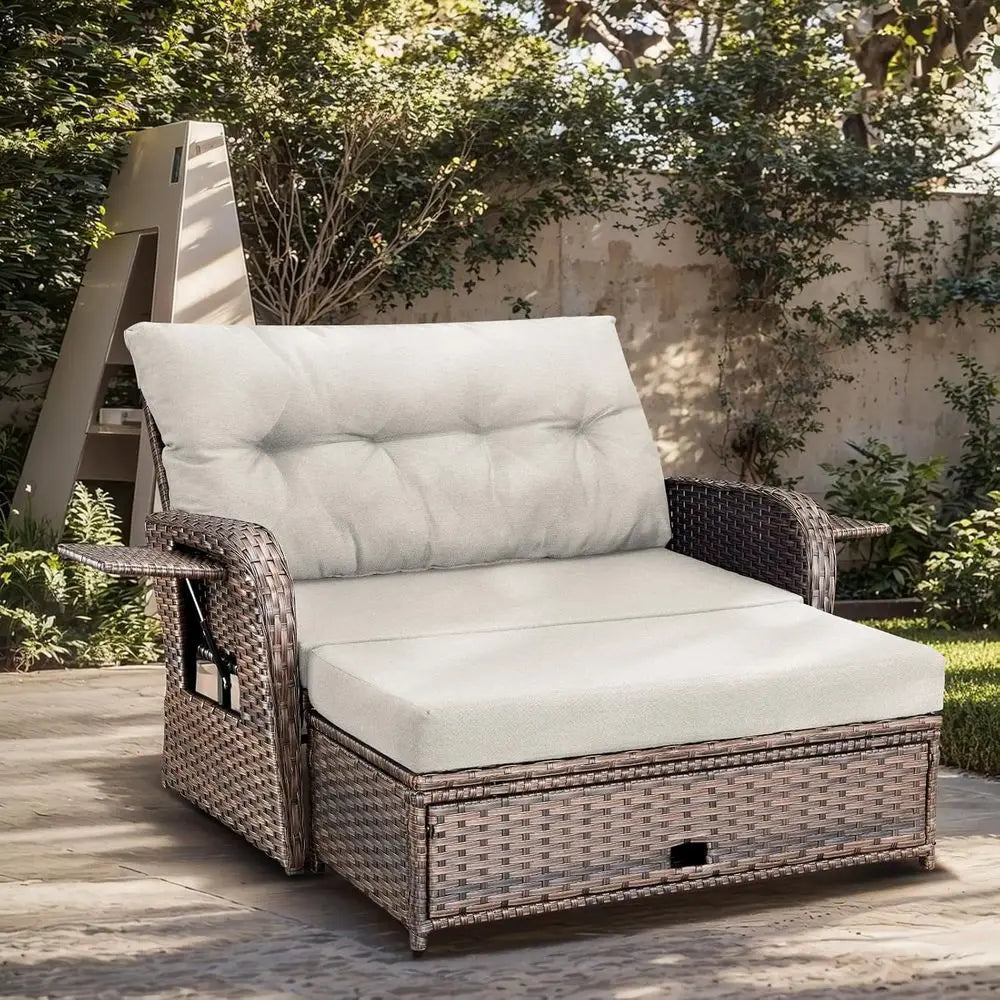 Outdoor Daybed, Patio Daybed Wicker Recliner or Two with Multiunctional Recliner and Stowable Side Tray, 5 Level Adjustable Back