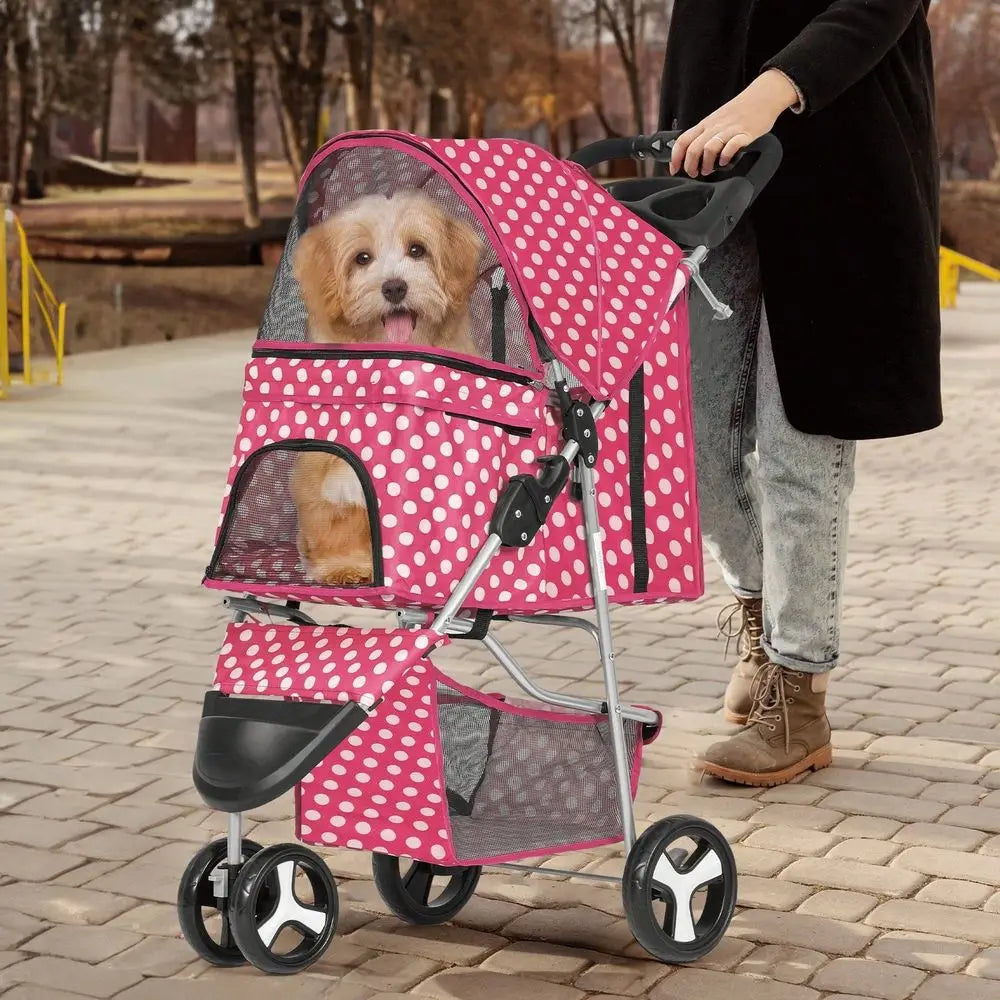 3 Wheels Pet Dog Cat Stroller For Small Medium Dogs Cats, Foldable Jogger Stroller W Storage Basket And Cup Holder