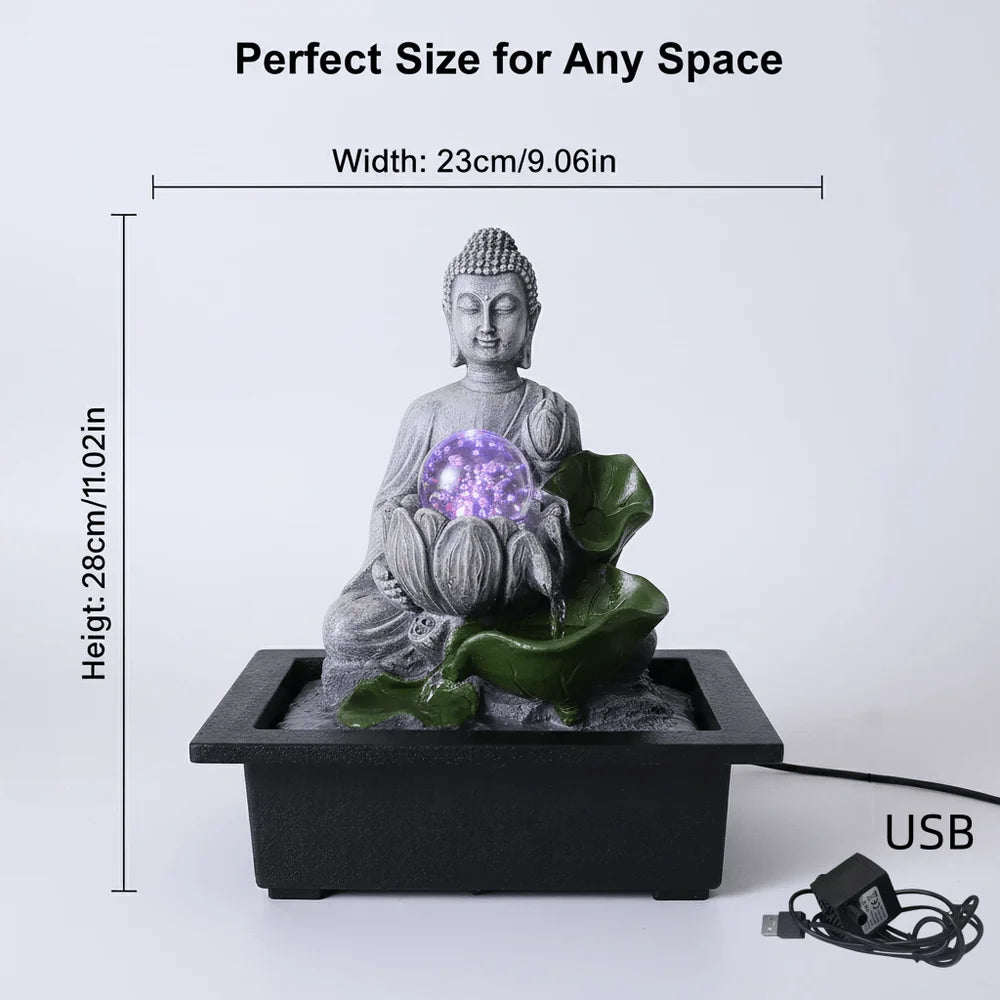 Tabletop Zen Buddha Water Fountain With ColorChanging LED Crystal Ball Cascading Indoor Water Feature, Quiet Pump Resin Figurin