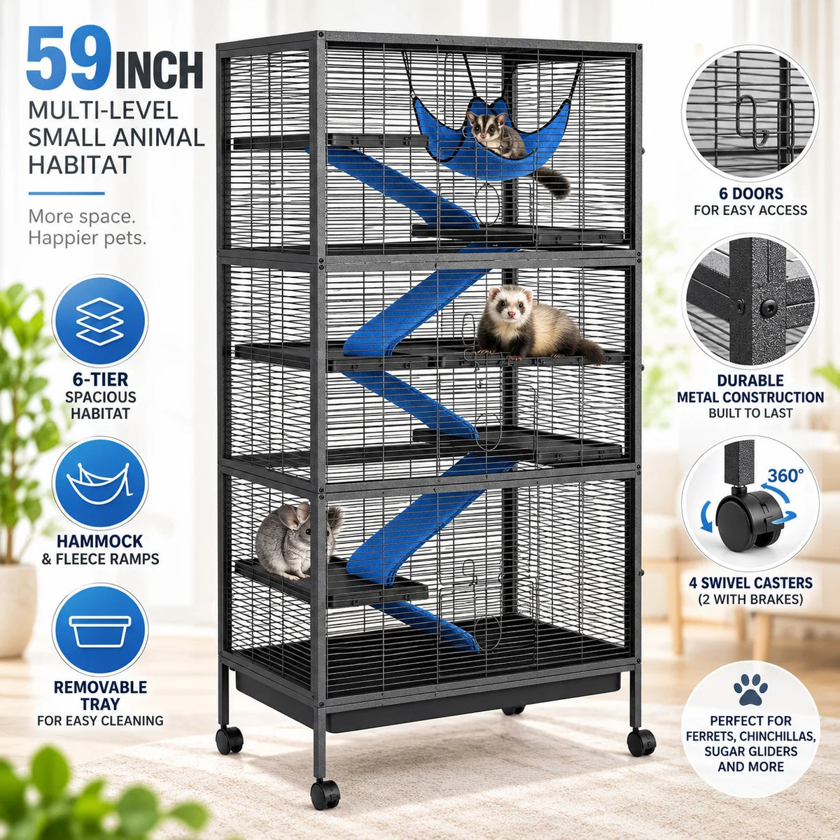 59in Tall Ferret Cage 6 Tier Small Animal Habitat with Hammock Fleece Ramps Rolling Wheels Removable Tray Multi Level Metal Cage for Chinchilla Sugar Glider and Small Pets