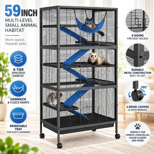 59in Tall Ferret Cage 6 Tier Small Animal Habitat with Hammock Fleece Ramps Rolling Wheels Removable Tray Multi Level Metal Cage for Chinchilla Sugar Glider and Small Pets