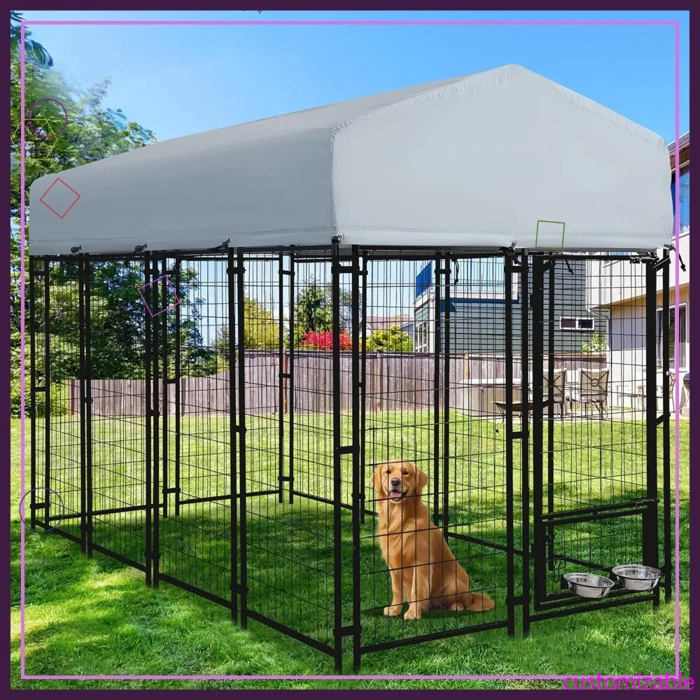 8x4x6 FT Heavy Duty Outdoor Dog Kennel with Roof, Rotating Bowls & Secure Lock for Large Dogs