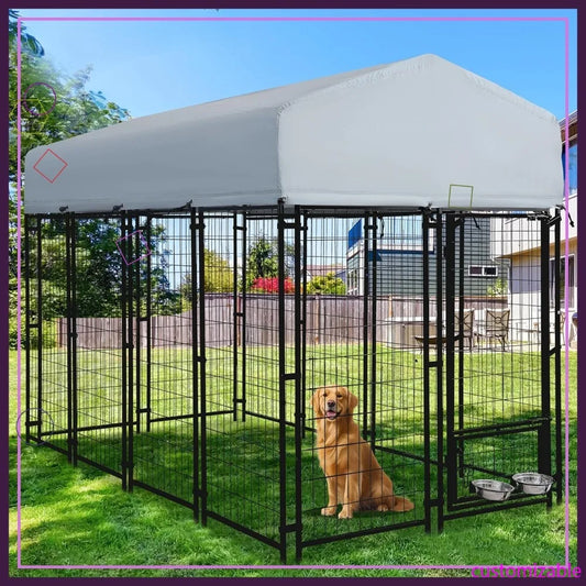 8x4x6 FT Heavy Duty Outdoor Dog Kennel with Roof, Rotating Bowls & Secure Lock for Large Dogs