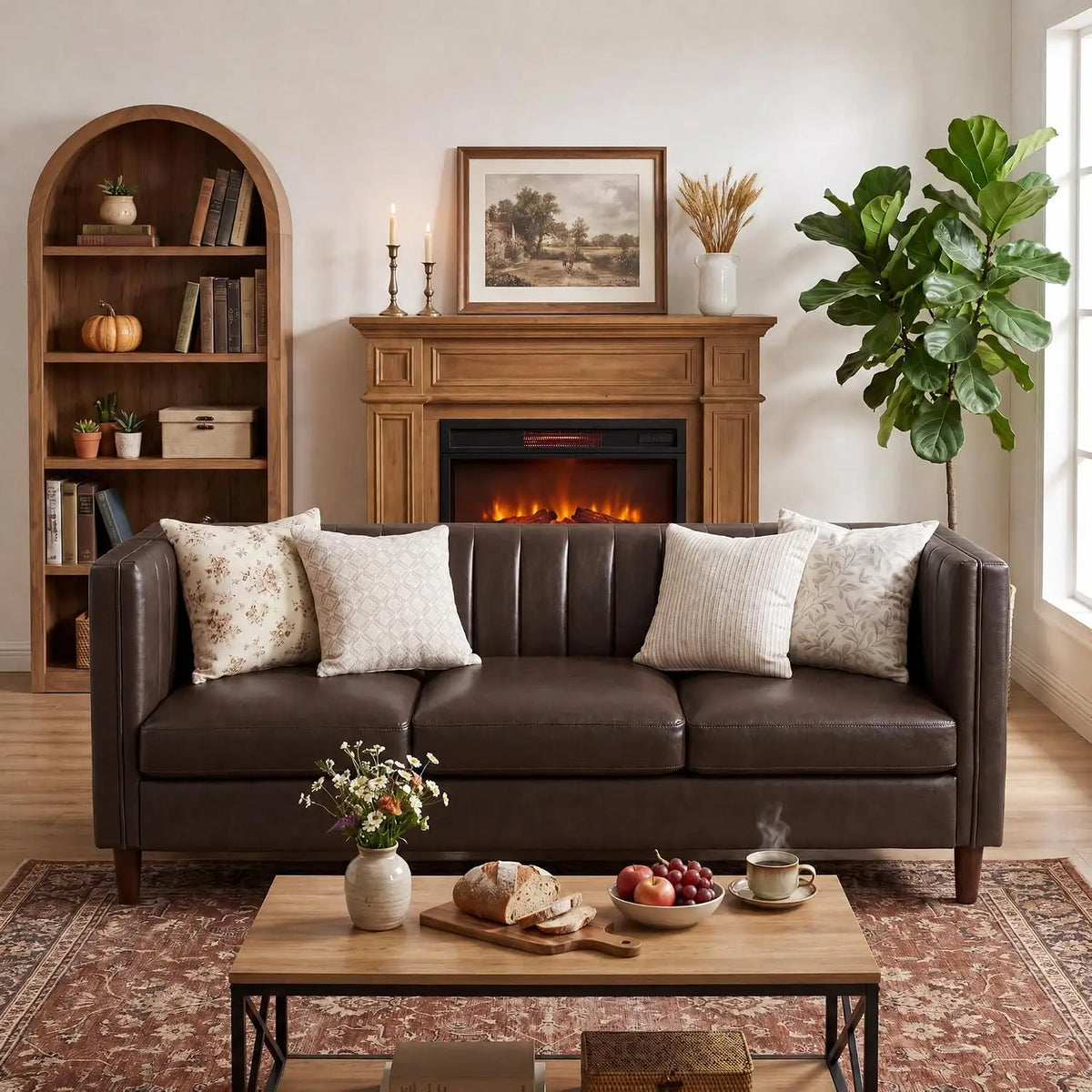 81 Inch Cognac Tan Faux Leather Sofa, Mid Century Modern 3 Seat Couch With Deep Seat, Wood Frame For Living Room, Apartment