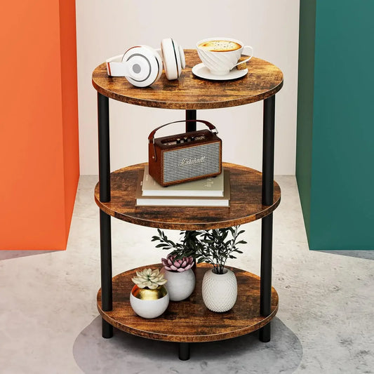 Small Round Side Table - 3-Tier Oval Accent Table for Small Spaces, Rustic Wood and Metal Couch End Table, Nightstand for Bedroo