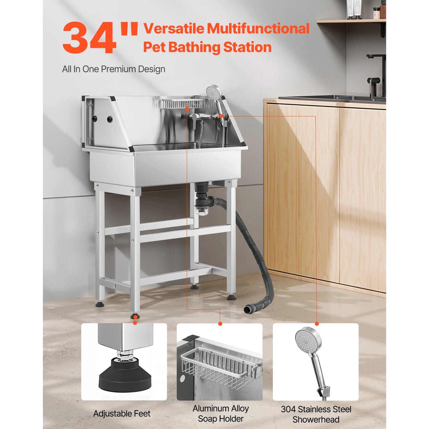 SucceBuy 34In Stainless Steel Dog Washing Station with Hot&Cold Faucet Showerhead Storage Rack No-Bend Fits Small Cats and Dogs