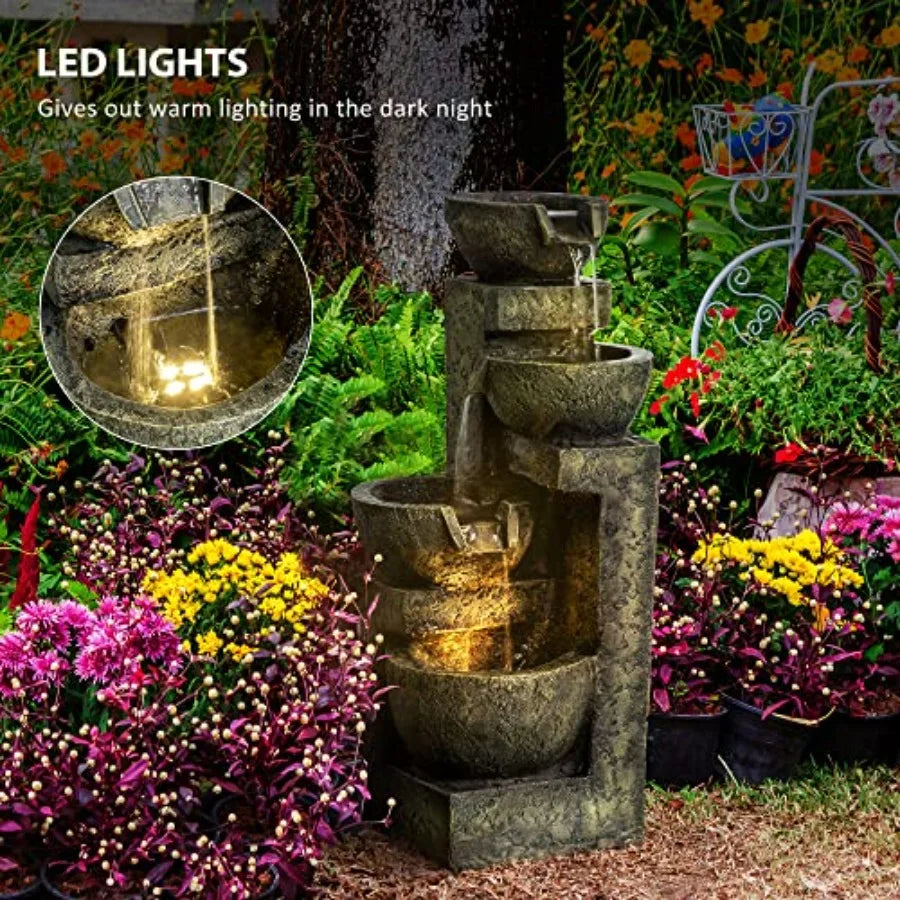 Outdoor Fountain with 4-Tier Stacked Stone Look Bowls Cascading Waterfall Adjustable Flow LED Lights Rustic Decor for Patio Zen