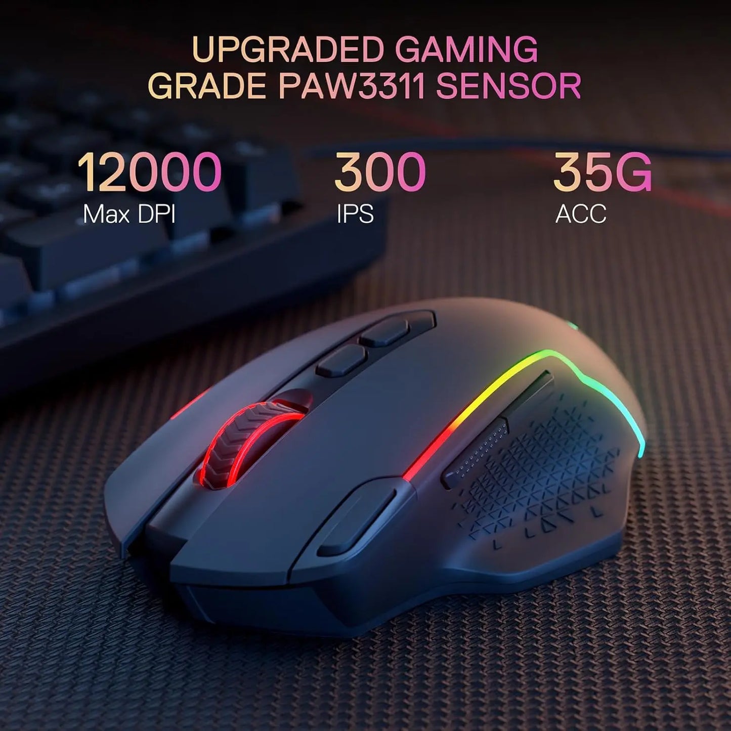 Redragon M810 MAX 3-Mode Wireless Gaming Mouse, 12000 DPI Wired/Wireless RGB Mouse,Rapid Fire Key, 8 Macro Buttons