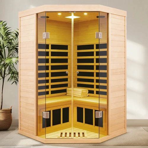 A pentagonal hemlock sauna room that can accommodate two people