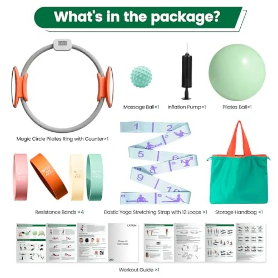 Magic Circle Pilates Equipment Kit with Smart Counter - 14" Pilates Ring and Ball Set with Yoga Ball, Resistance Bands, Stretch