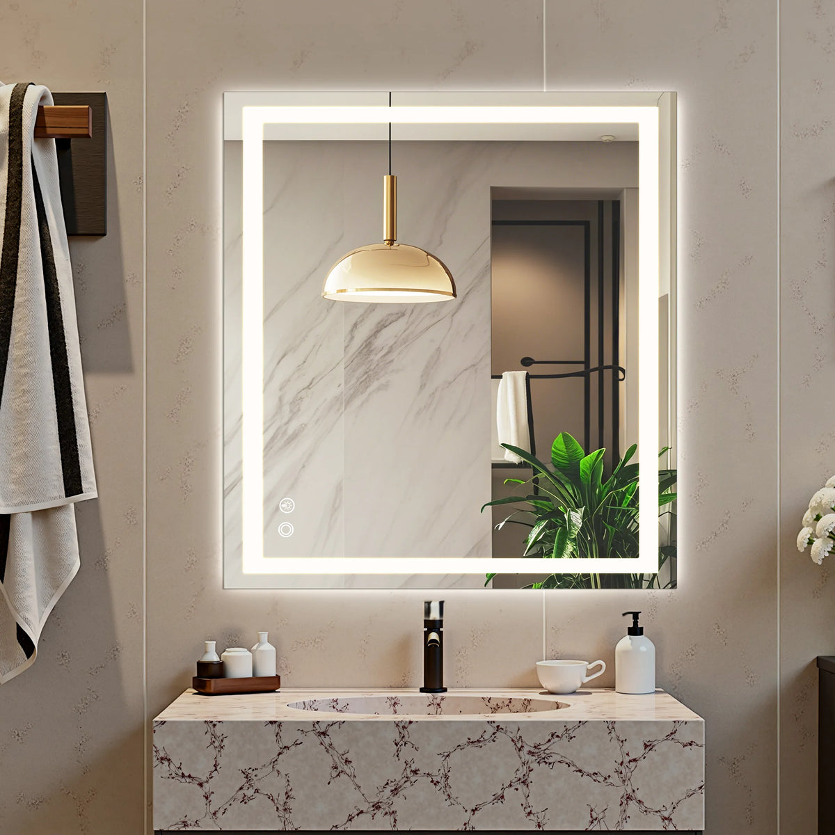 MCQ Rectangle LED Bathroom Mirror with Lights Tempered Glass Makeup Memory Function Dimmable Anti-Fog Front Lit Backlit Lighted Modern Vanity Mirror for Home Bedroom