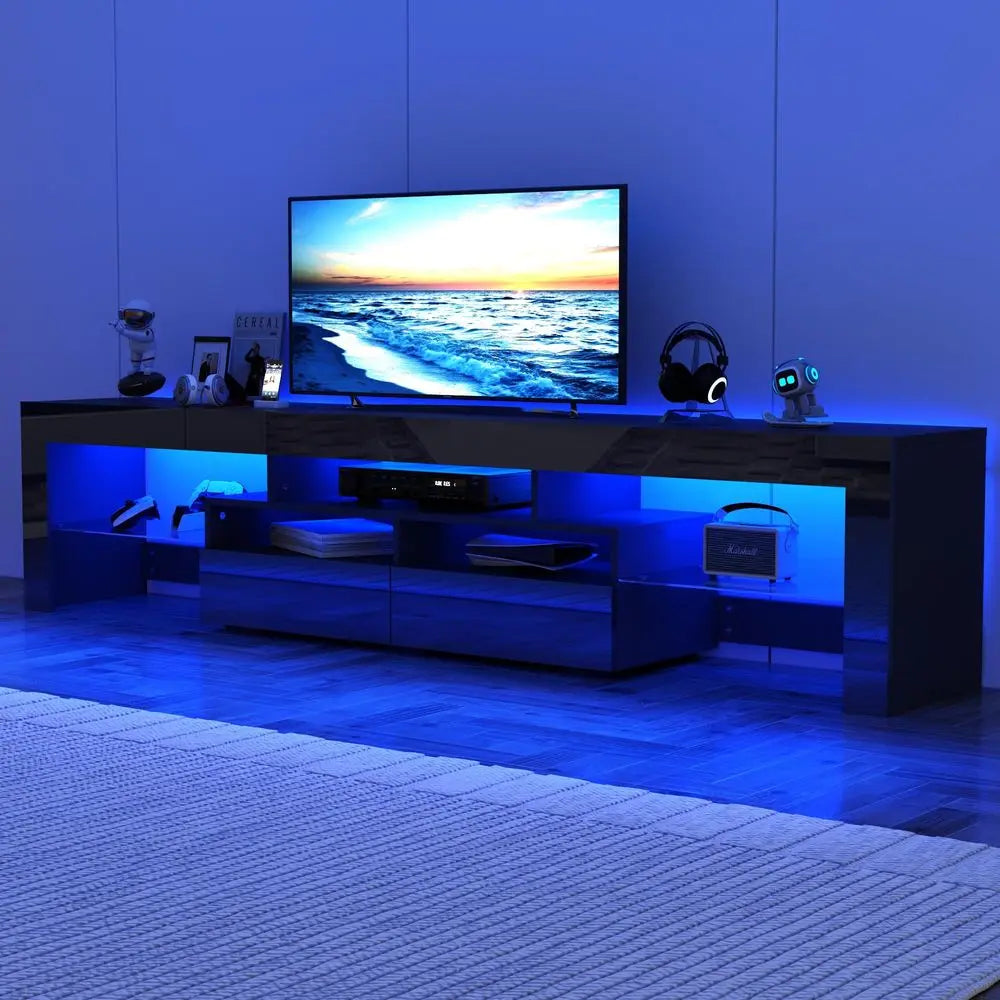 86IN LED TV Stand for 90 100 inch TV, High Glossy Modern Entertainment Center with Drawer and Led Lights, Television Table Medi