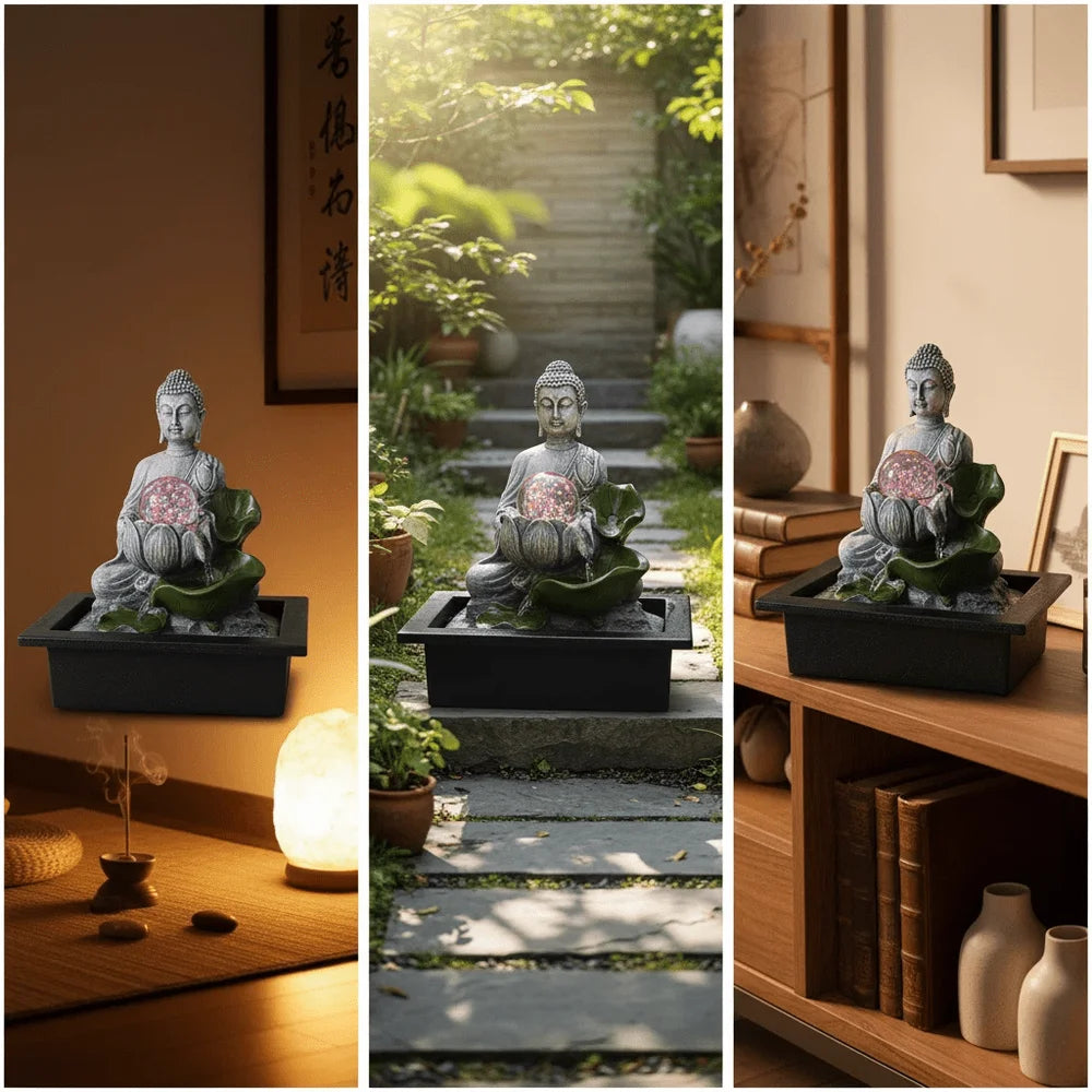Tabletop Zen Buddha Water Fountain With ColorChanging LED Crystal Ball Cascading Indoor Water Feature, Quiet Pump Resin Figurin