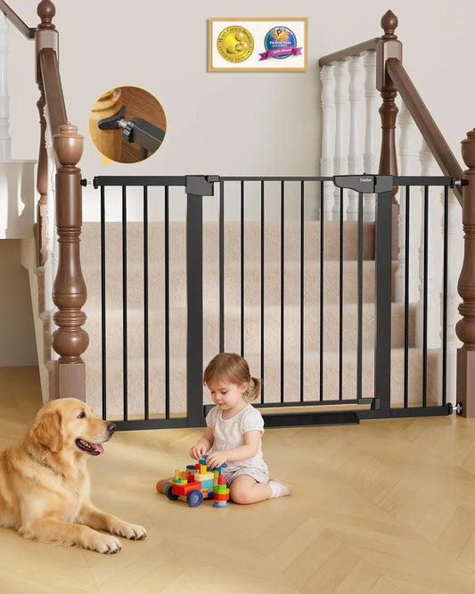 Extra Wide Auto-Close Baby and Pet Gate for Stairs, Doorways, Hallways - Pressure Mounted, No-Trip Design, Black