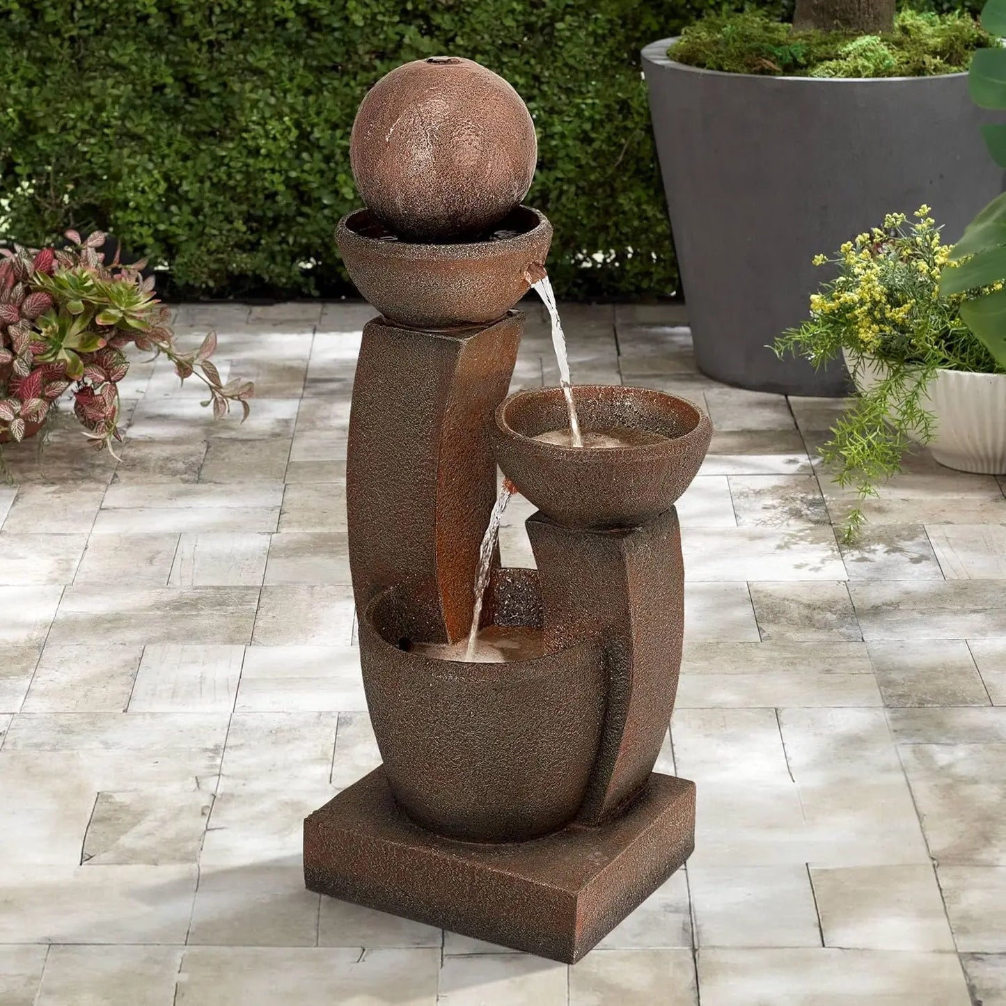 Curved Columns 31 High Modern Zen Indoor Outdoor Faux Stone Floor Fountain with Light LED Waterfall Bowl