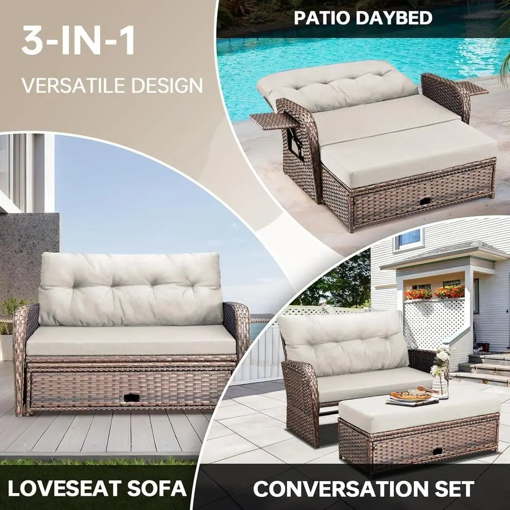 Outdoor Daybed, Patio Daybed Wicker Recliner or Two with Multiunctional Recliner and Stowable Side Tray, 5 Level Adjustable Back