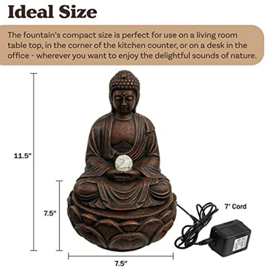 Indoor Tabletop Water Fountain - Sitting Buddha Statue with Rolling Glass Ball Multi-Colored LED Lights Electric Pump Soothing
