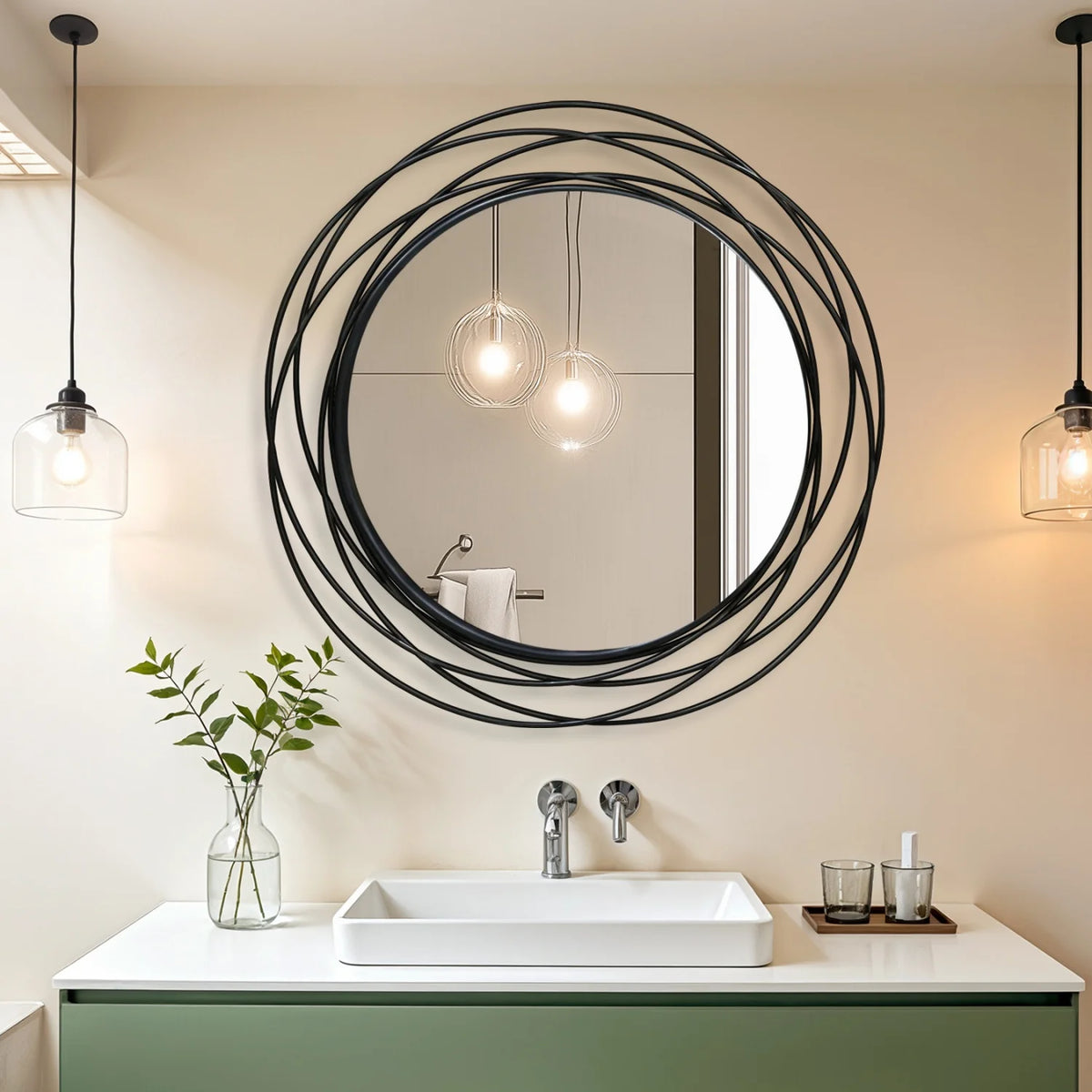 80CM Black Decorative Mirror for Wall Decor Round Iron Wire Frame Living Room Bathroom Entryways Mirror Makeup Vanity Mirror
