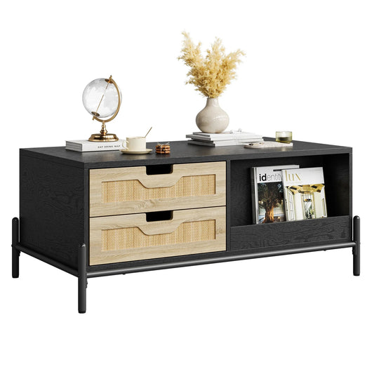 Farmhouse Living Room Table with 4 Drawers and Open Storage Shelf, Rattan Modern Wooden Coffee Table for Living Room, Office