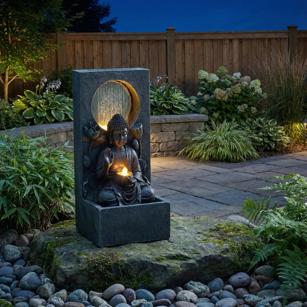 Freestanding 28 Inch Buddha LED Waterfall Fountain, Calming Relaxing Zen Feng Shui Water Feature Ornament, Waterproof Outdoor Decor for Patio Backyard Deck Home Ideal Present