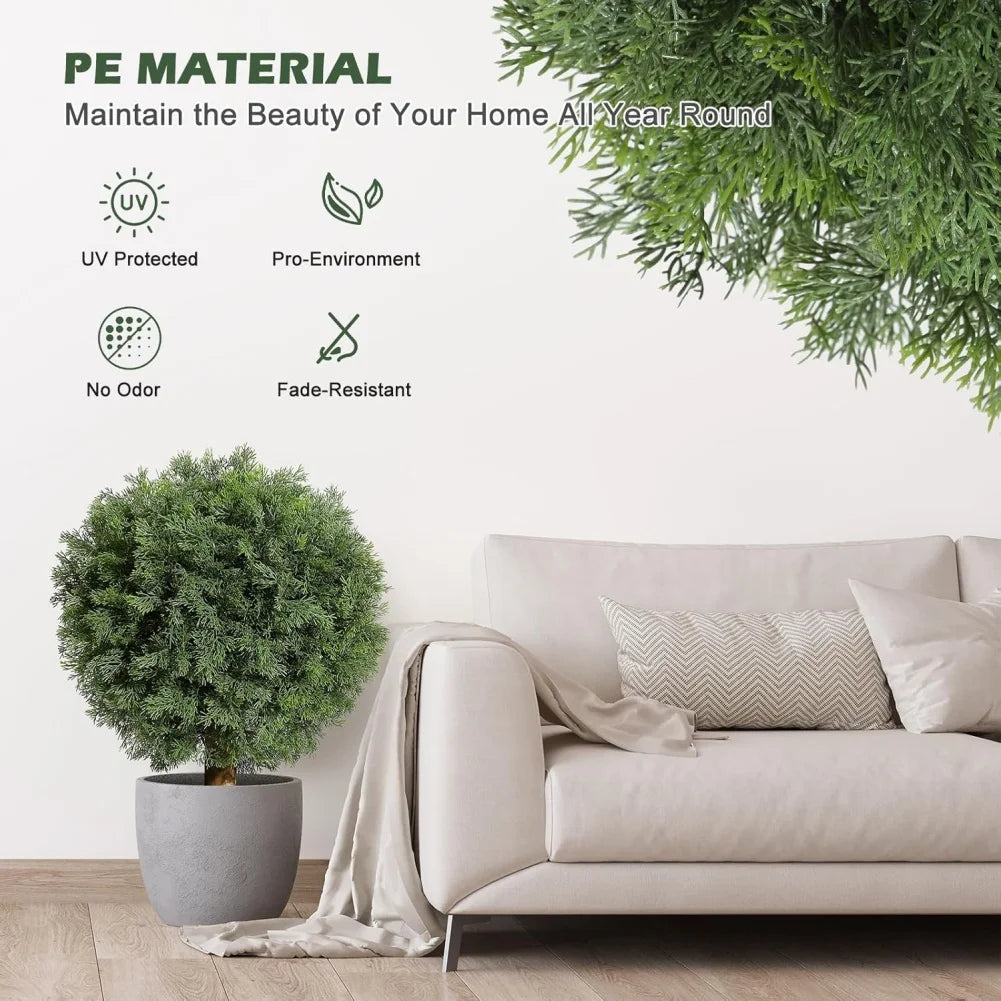 2 Pcs 24'' Artificial Cedar Topiary Ball Trees with Potted Fake Cedar Plants Artificial Shrubs Bushes Ball Tree for Front Door