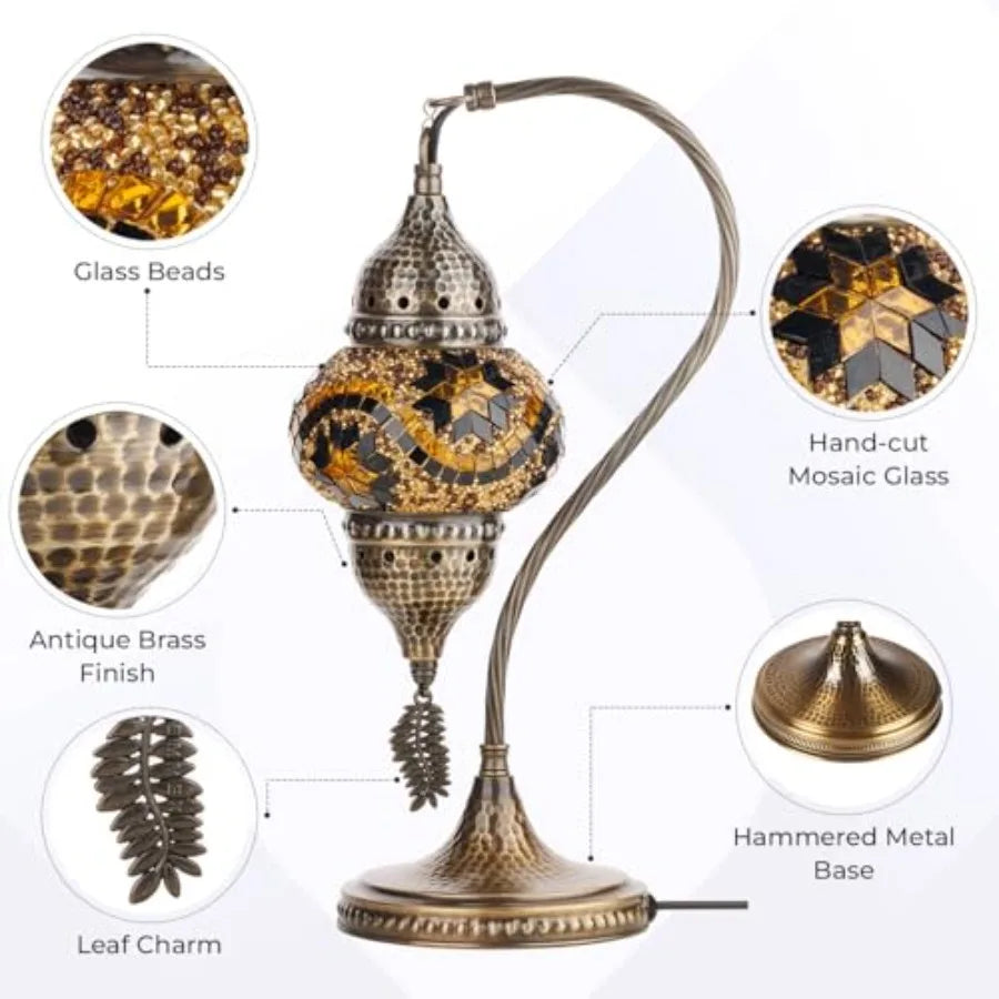 Turkish Moroccan Table Lamp, Swan Neck Tiffany Style Mosaic Glass Table Desk Bedside Lamp for Bedroom, Living Room Handcrafted