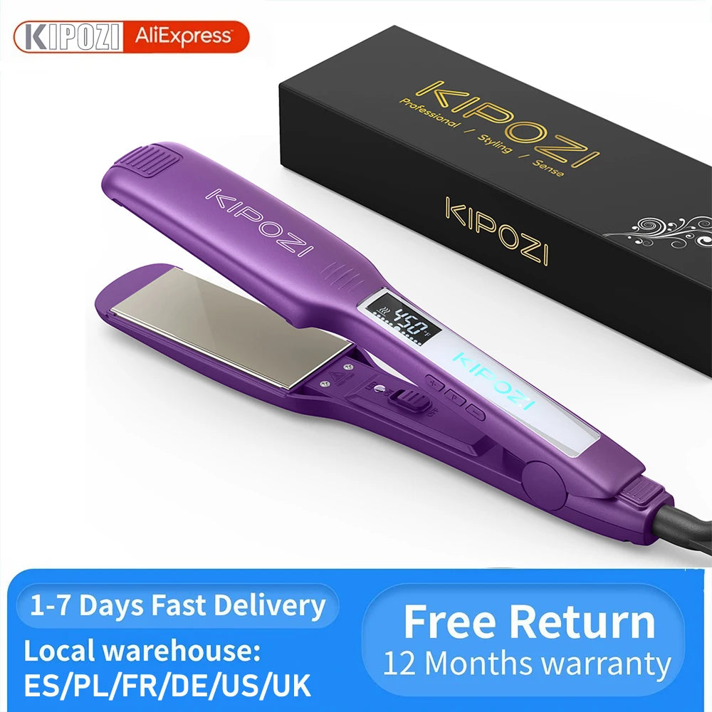 KIPOZI Professional Hair Straightener Titanium Flat Iron with Digital LCD Display Dual Voltage Instant Heating Curling Iron Gift