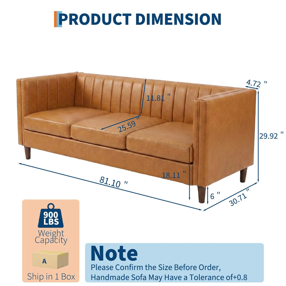 81 Inch Cognac Tan Faux Leather Sofa, Mid Century Modern 3 Seat Couch With Deep Seat, Wood Frame For Living Room, Apartment