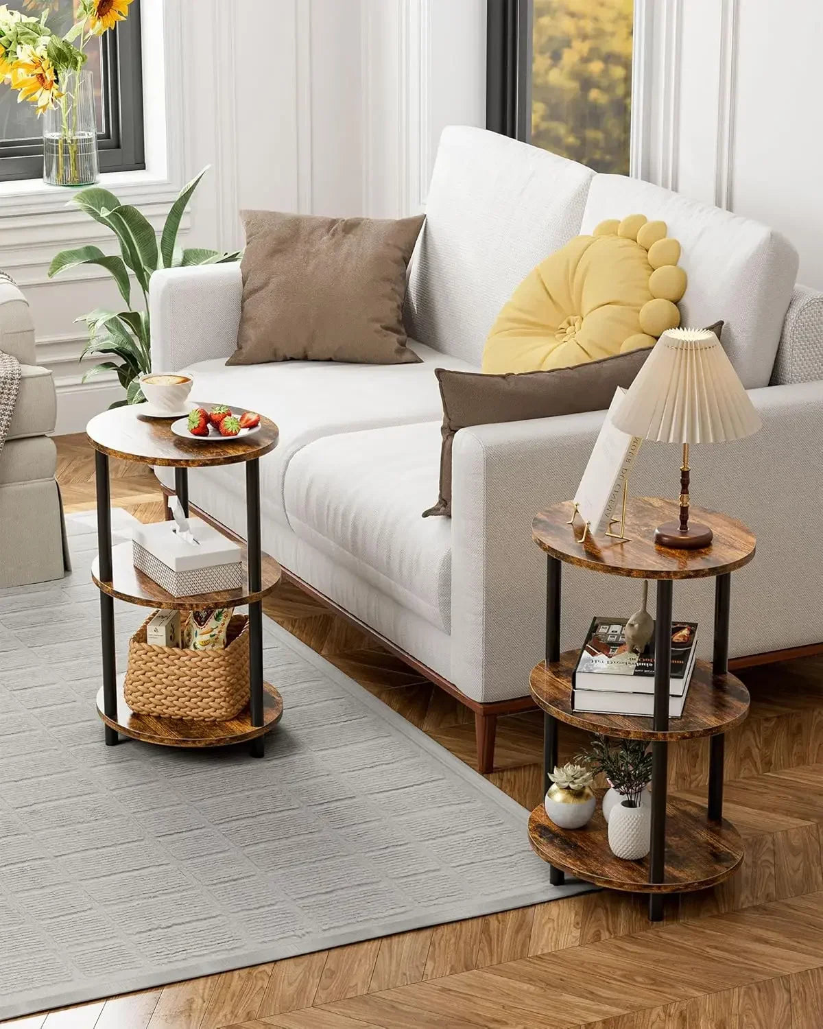 Small Round Side Table - 3-Tier Oval Accent Table for Small Spaces, Rustic Wood and Metal Couch End Table, Nightstand for Bedroo