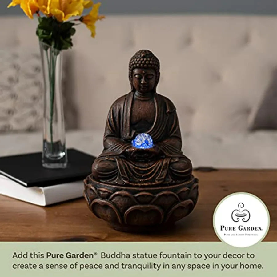 Indoor Tabletop Water Fountain - Sitting Buddha Statue with Rolling Glass Ball Multi-Colored LED Lights Electric Pump Soothing