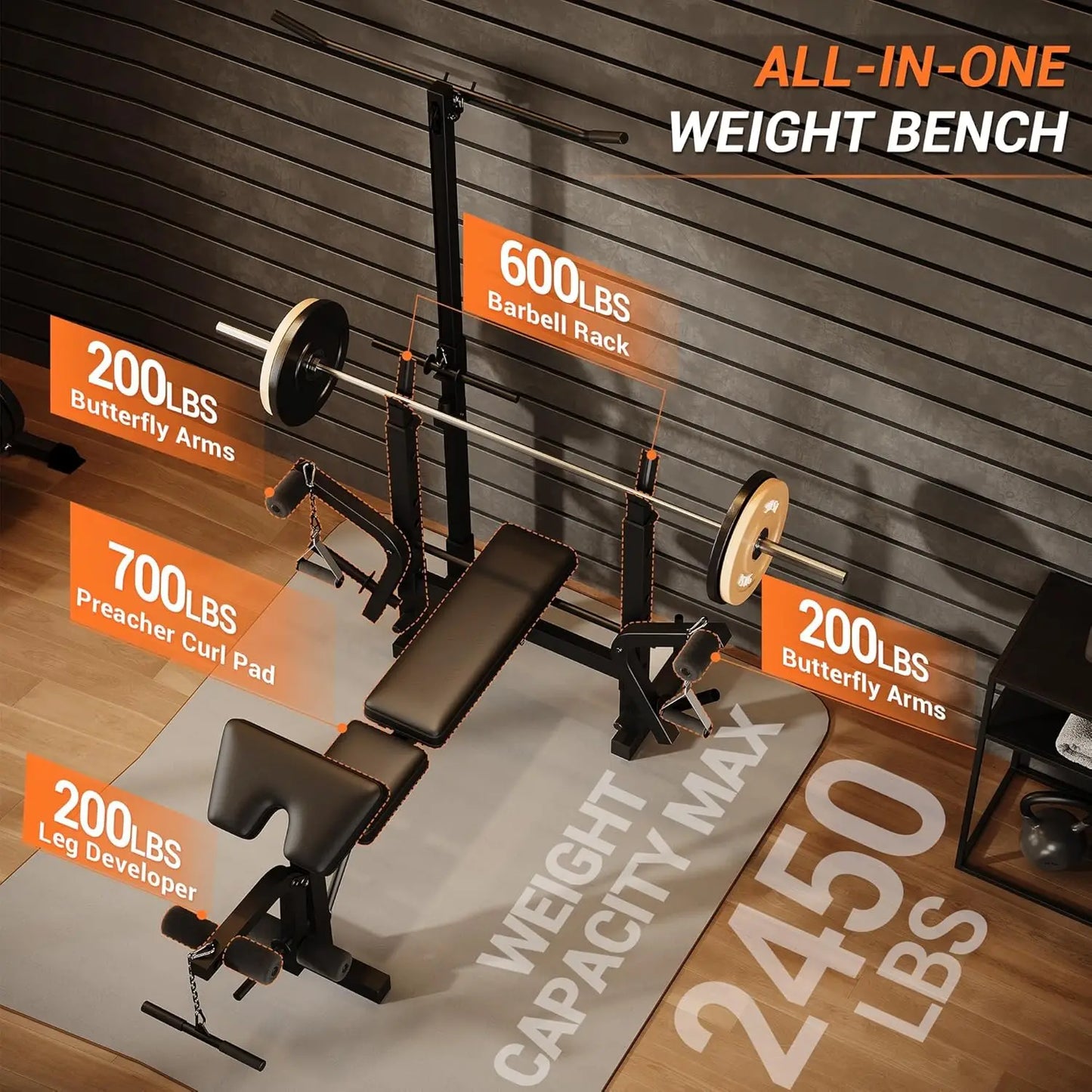 Weight Bench Set with Leg Extension and Leg Curl and Preacher Curl 7 in 1 Strength Training Bench with Squat Rack for Home Gym