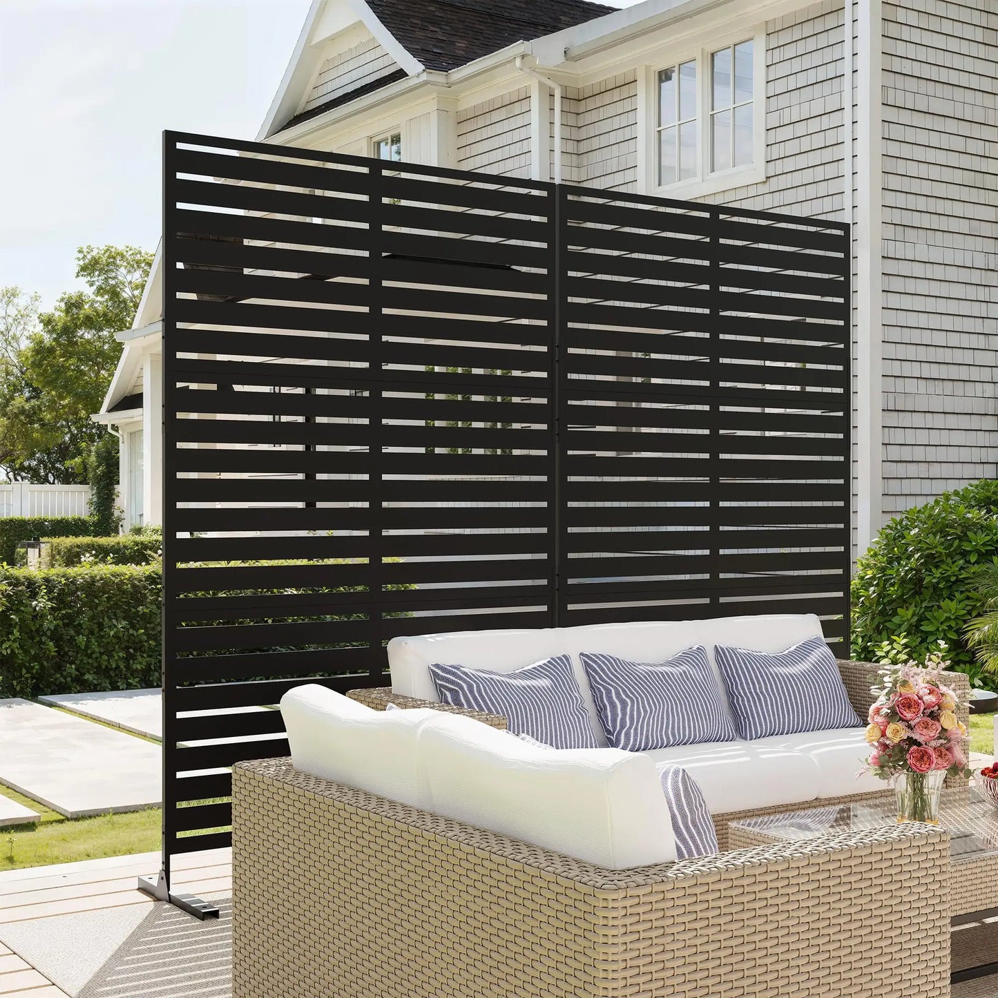 6FT Outdoor Metal Privacy Fence Freestanding Screen Panel With Stand, Decorative Room Divider For Patio Yard Balcony
