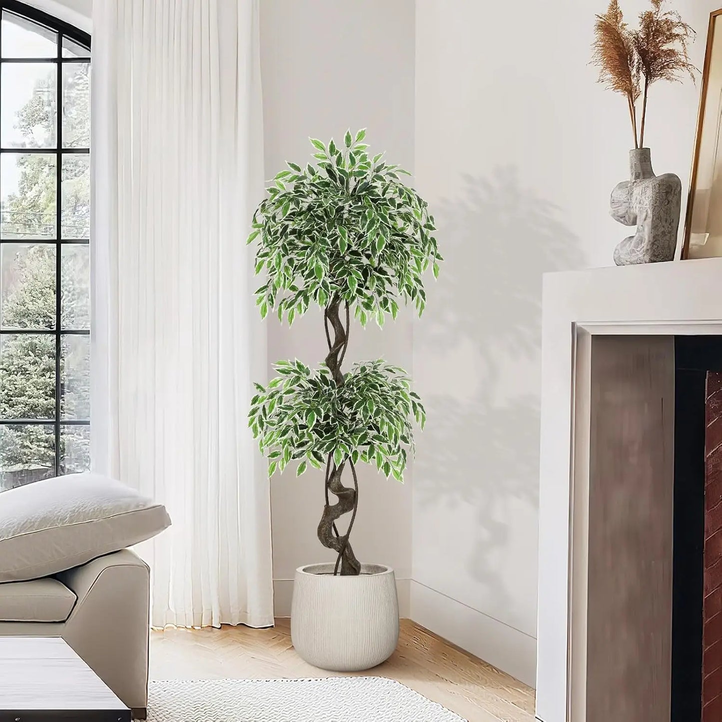 Artificial Ficus Tree Indoor Outdoor Fake Ficus Tree with Pebbles & Green Fake Moss, Pot Faux Tree for Office Home Decor