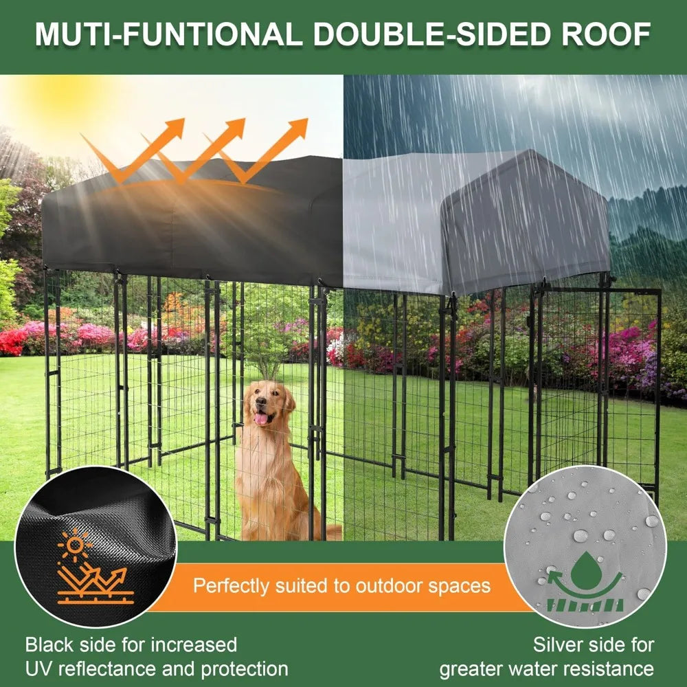 8x4x6 FT Heavy Duty Outdoor Dog Kennel with Roof, Rotating Bowls & Secure Lock for Large Dogs