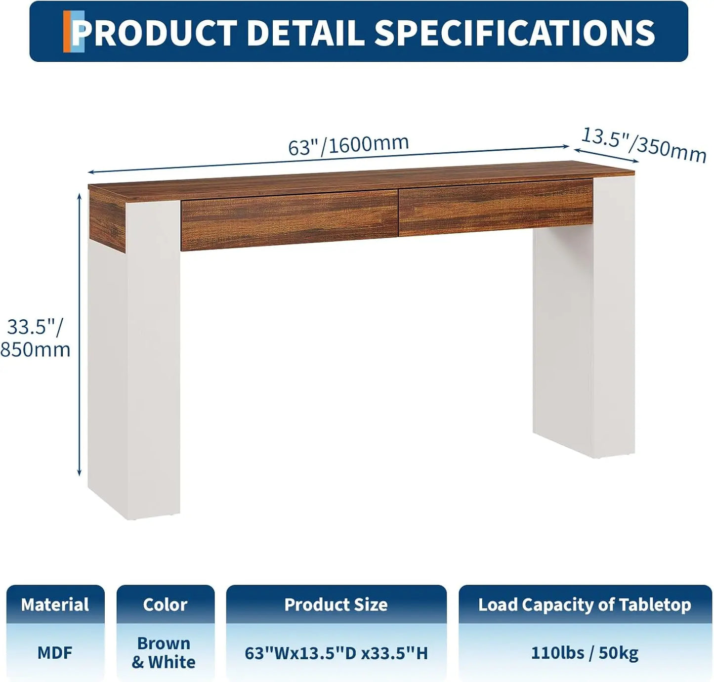 63 Inch Entryway Table with 2 Drawers, Narrow Slim Console Table, Long Wood Sofa Table Behind Couch for Hallway & Living Room