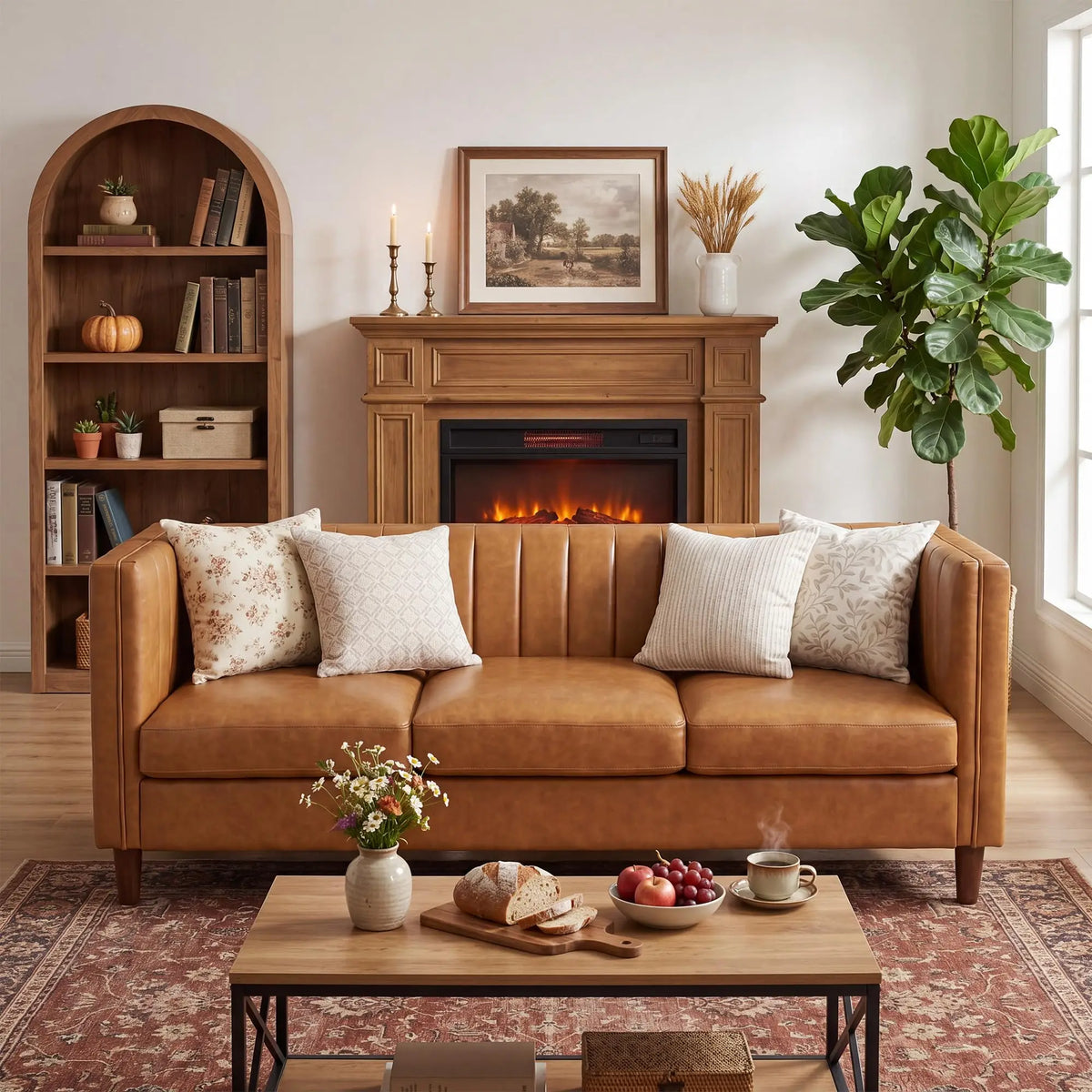 81 Inch Cognac Tan Faux Leather Sofa, Mid Century Modern 3 Seat Couch With Deep Seat, Wood Frame For Living Room, Apartment