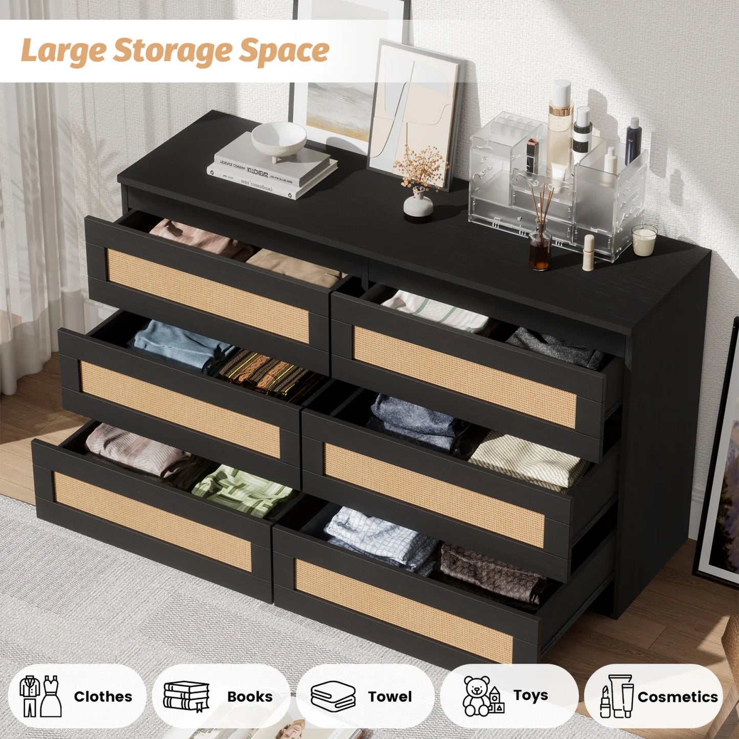 Modern Rattan 6-Drawer Dresser for Bedroom Wooden Chest of Drawers, Freestanding Storage Cabinet for Living Room and Entryway