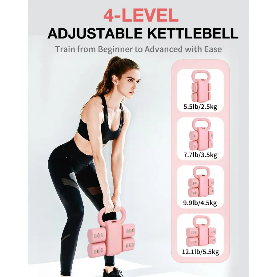 Adjustable Kettlebell Set with Wrist Straps, 4-in-1 Free Weight Adjustable Dumbbells Set for Women 9 Weights from 0.55LB to 12.1